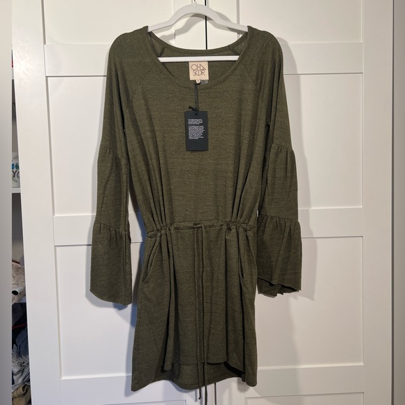 Chaser Khaki Green Mini Drawstring Dress with Ruffle sleeve detail size M - Picture 7 of 7